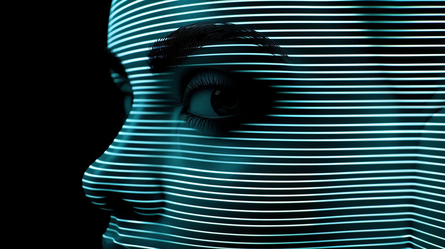 Prompt: person, face with lines, hologram, unsplash, abstract, light through blinds, profile image, the ghosts in the machine, three-dimensional, op, brain, high resolution, shadowed, light silver and dark navy, mind-bending patterns, futuristic robots