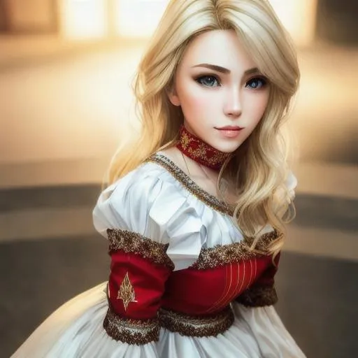Prompt: light blonde hair, russian dress, perfect, symetric face, ultra realistic,  HD, 8K