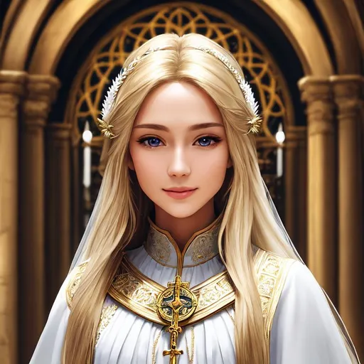 Prompt: Photo, portrait, 21 years old, medium length blonde hair with brown highlights, DnD, priestess of light, white clothes, fantasy, inside overlord cathedral, holy atmosphere,  expressive, happy, heavenly beauty, 8k, 50mm, f/1. 4, high detail, sharp focus, perfect anatomy, highly detailed, detailed and high quality background, oil painting, digital painting, Trending on artstation, UHD, 128K, quality, Big Eyes, artgerm, highest quality stylized character concept masterpiece, award winning digital 3d, hyper-realistic, intricate, 128K, UHD, HDR, image of a gorgeous, beautiful, dirty, highly detailed face, hyper-realistic facial features, cinematic 3D volumetric, illustration by Marc Simonetti, Carne Griffiths, Conrad Roset, 3D anime girl, Full HD render + immense detail + dramatic lighting + well lit + fine | ultra - detailed realism, full body art, lighting, high - quality, engraved |