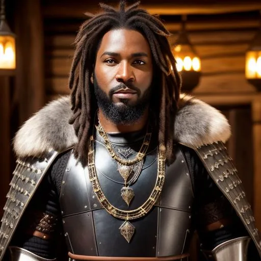Prompt: Gruff male human, african warrior, stubble, brown eyes, grey dreadlock hair, scarred brown face, leather armor over chain armor, fur cloak, in an inn, wearing african jewels