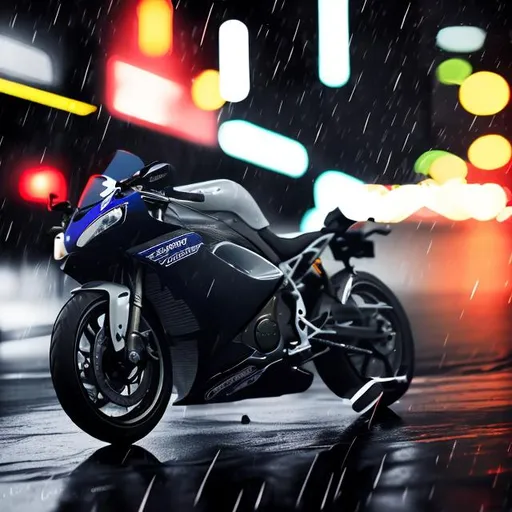 Prompt: photorealistic sportbike rainy night motion blur 
