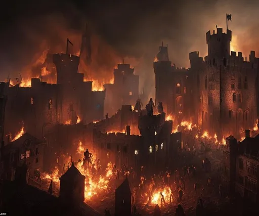 Prompt: a burning castle in the center of a medieval city is surrounded by undead and zombies