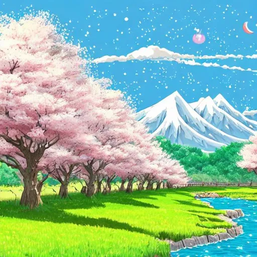 Prompt: Create a Ghibli-style illustration of an open plain with a small house on the right of the image surrounded by trees, and a cherry blossom trees are moving by wind, Add snow-capped mountains in the background and details like fishes, birds, and river, Use vibrant colors and soft edges