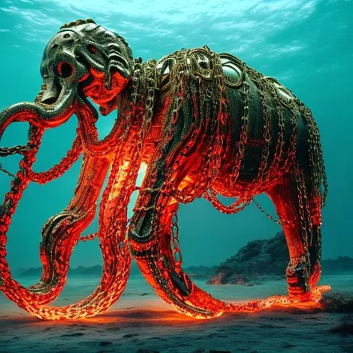 Prompt: giant golden elephant skeleton made out of chains in ocean glowing red

