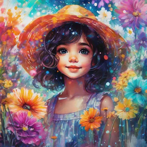 Prompt: Particle spectra hologlitch, A close up portrait of a A cheerful little girl picking flowers in a field on a warm sunny day, big eyes, dark hair , by Callie Fink and SIYA OUM,  liquid ink, Datamoshing , Vaporware, alcohol ink wash, aesthetic, centered, 16k resolution , HQ 