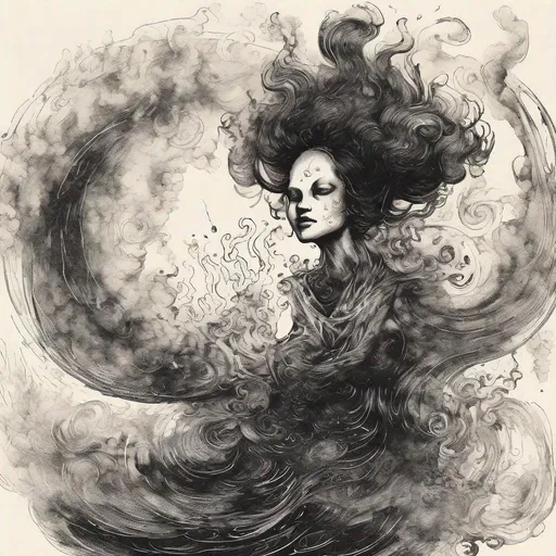 Prompt: "Create a character made of ink, smoke "cool" "dirty" otherworldly. - A person or creature that dissolves into nothing, changes shape or appears out of a swirl of "elements" think outside the box by witch's familiar illustrated in pen and ink hatching and showing their magical properties in black and white diagrams"