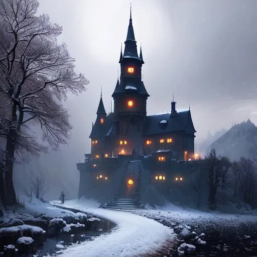 Prompt: Transylvania, Drakula's Castle, winter, mystic, dark fantasy. high definition (best quality)), ((illustration)), ((masterpiece)), hyperrealistic, splash art by greg rutkowski
