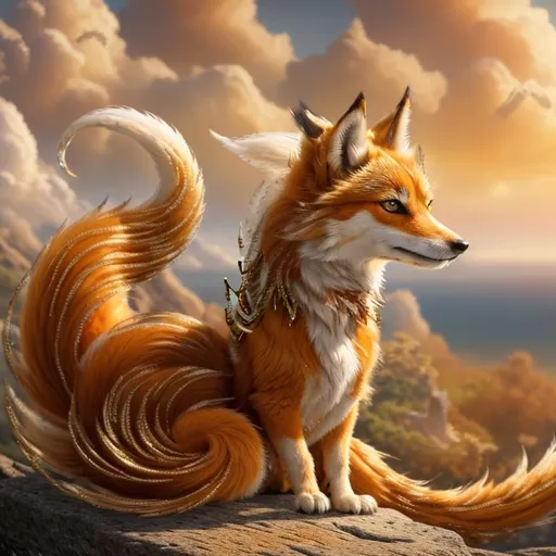 Prompt: (masterpiece, hyper detailed, epic digital art, professional illustration, fine colored pencil), Adolescent runt ((kitsune)), (canine quadruped), nine-tailed fox, dreamy amber eyes, fuzzy {white-gold} pelt, (golden necklace with brilliant orange gemstone), pointy brown ears, on a cliffside, in the clouds, possesses ice, timid, curious, cautious, nervous, alert, expressive bashful gaze, slender, scrawny, fluffy gold mane, {frost} on face, dynamic perspective, frost on fur, fur is frosted, sparkling ice crystals in sky, sparkling ice crystals on fur, sparkling rain falling, frost on leaves, dreamy, melodic, highly detailed character, petite body, large ears, full body focus, perfect composition, trending art, 64K, 3D, illustration, professional, studio quality, UHD, HDR, vibrant colors