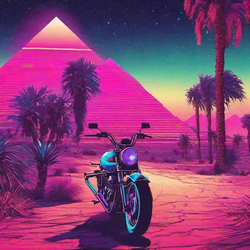 Prompt: vapor wave desert scene, pyramids, motorcycle parked, highly detailed, palm trees, night sky, synthwave retro art