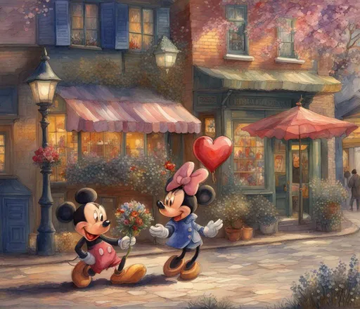 Prompt: Gorgeous watercolor patchwork shabby chic, fantastic very beautiful,  Micky Mouse is handing Minnie Mouse a bouquet of flowers and holds a heart shaped box of chocolates in an 1800's ornate row of shops on the street, exquisitely intricate, beautiful, clear, high-quality, colorful, very cute, unreal matte painting without corners, Kandinsky dot painting by Daniel Merriam Rej Irina, highly detailed, elegant, fantasy, intricate, beautiful poster, Pino Daeni, Cicely Barker, Rej Irina, pastel colors