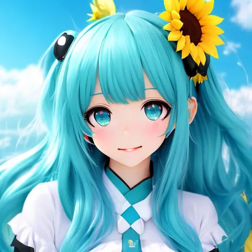 Prompt: high quality, beautiful face, miku hatsune, deviant art, sunflower , artwork, vocaloid, blue sky, twin tails, 
