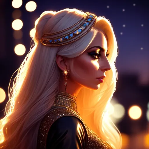 Prompt: Profile of a woman who looks like Lady Gaga and Tori Amos, intricate long flowing hair, wearing an elegant dress, egyptian decoration in her hair, dark contrast, 3D lighting, soft light, nighttime in the city background, stars, sparkles, bokeh