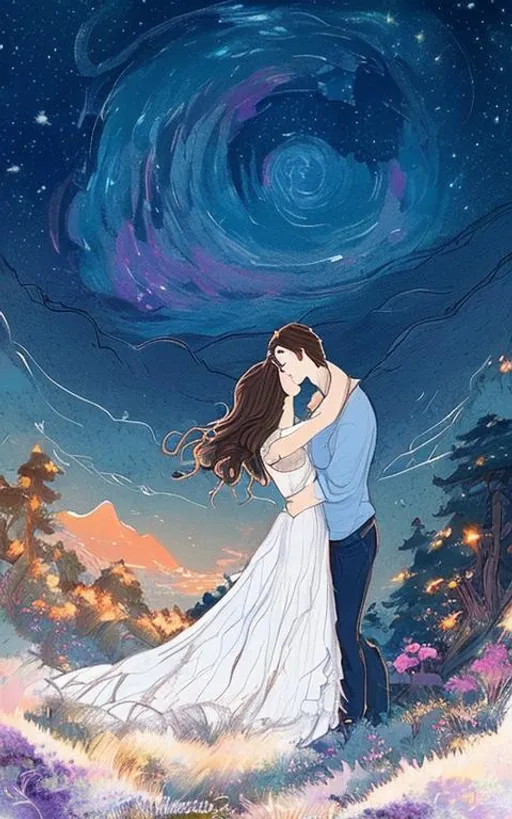 Prompt: Hello, I would like to request a design for the cover of my book. The design must depict a couple on top of a hill under a starry sky at the end of sunset, the couple may be looking at each other or kissing, the woman must have long, dark hair. I would like a romantic style of adult drawing, with well-defined and high-quality lines. Thank you very much in advance!"
