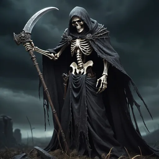 Prompt: Necromancer in Warhammer Fantasy RPG style, detailed scythe, tattered cloak with dark tones, haunting skeletal features, intense and menacing gaze, dynamic pose, high quality, dark fantasy, detailed skeletal face, eerie atmosphere, dramatic lighting, detailed scythe, menacing, detailed cloak, highres, fantasy, detailed, sinister, haunting, dynamic pose