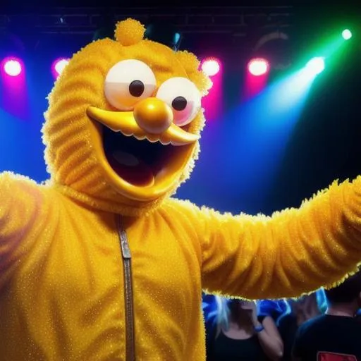 Prompt: ((The Honey Monster)) dancing in the club, dancing being cool, big happy smile, accurate face, photo realistic, 4k, nightclub lighting, detailed face