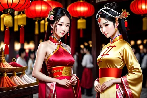 Prompt: A sensual chinese princess girl with fan in hands wear silks, in an ancient chinese market,  high detailed, realism, 8k, photo realistic, full body, perfect body and face. peoples on the background, perfect lights, camera centered,  look at the camera