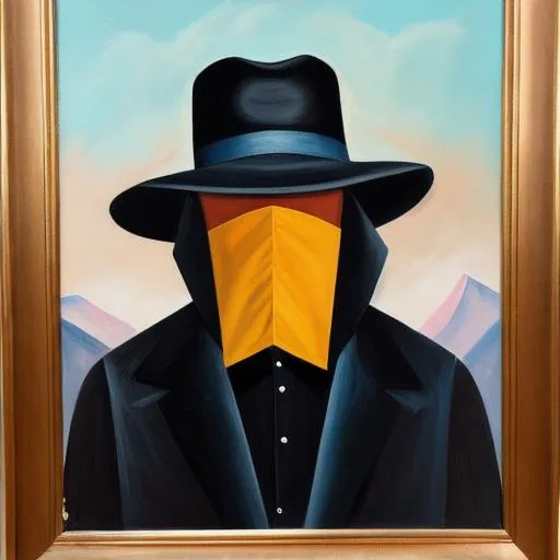 Prompt: Painting of a mysterious man wearing a hat and  hiding his face