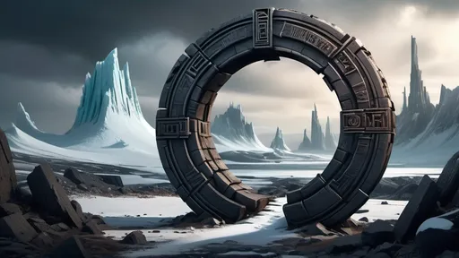 Prompt: magical portal between cities realms worlds kingdoms, circular portal, ring standing on edge, upright ring, freestanding ring, hieroglyphs on ring, broken ring, ruins, crumbling pillars, broken archways, ancient roman architecture, arctic wilderness setting, panoramic view, futuristic cyberpunk tech-noir setting