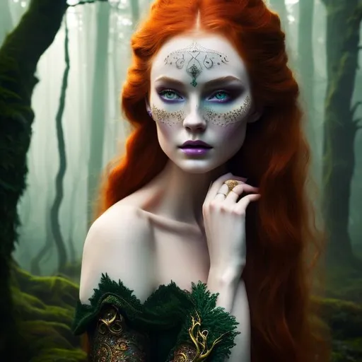 Prompt: Detailed and mystical portrait of a witch with ivory clear skin, redhead hair and deep purple eyes. Gorgeous sinuous body, she wears rich green dress, night light, forest, dramatic, charming pose, frontal, magical, fantasy, 8k, high detailed, dramatic light