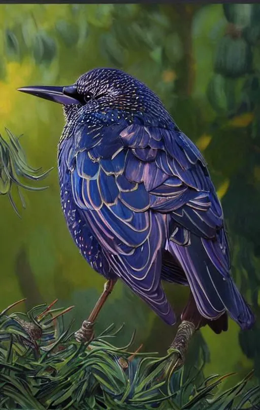 Prompt: Sparkling. An European starling portrait.  Art by taras loboda, van Gogh, Ana dittman, Ivan Bilibin, Jean-Baptiste Monge, pieter aertsen, robert bissell. Add Shimmering. 3d. Very clear resolution. Highly detailed.