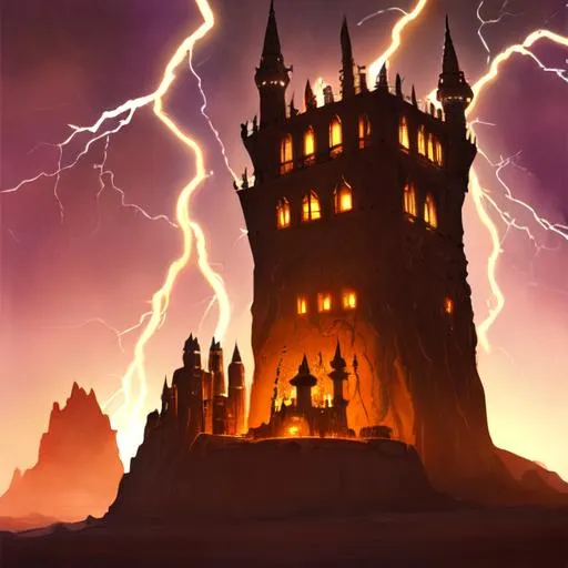 Prompt: magic castle tower in the middle of a desert, glowing, lightning, dungeons and dragons, magic the gathering, fantasy art, fantasy, wizard,, concept art, , artstation, award winning, painting, watercolor, 