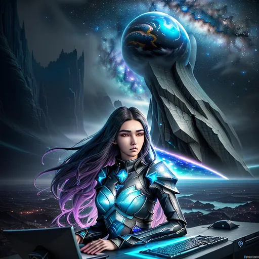 Prompt: 3D Rendered, splash art, hyper detailed, hyper realistic, highly detailed, 

dark fantasy, surreal heavy mist, floating at the edge of the world, with the Milky way galaxy in the background,

Focused on a computer generated hologram of a super cute, beautiful, ultra realistic young adult Time Guardian Goddess,

Gorgeous, highly detailed facial features, long legs, amazingly sumptuous perfect body, ultra pale, visible midriff,

Perfect studio lighting, perfect shading. HDR, UHD, high res, 64k, cinematic lighting, special effects, hd octane render, professional photograph, trending on artstation.