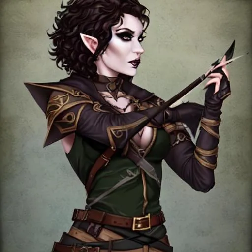 Prompt: female half-elf ranger, goth makeup,  short curly hair