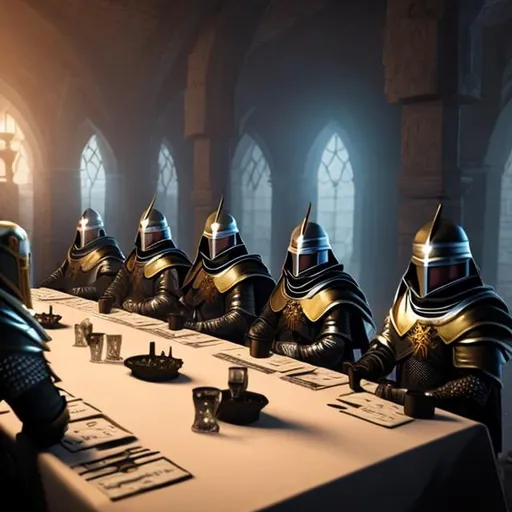 Prompt: A Templar, Hospitaller, Lazarus, and Teutonic Knight sitting at a table in a dark room in full plate armor and barbute helmets