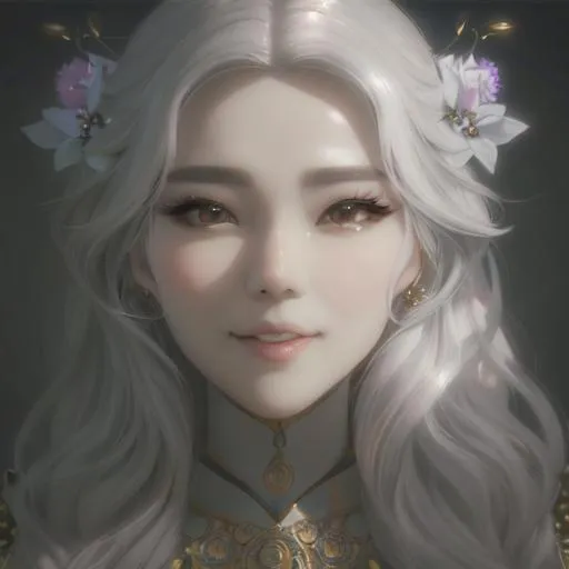 Prompt: Portrait of a Beautiful woman, kidmo face,cute, korean face, beautiful big eyes, intricate silver hair, intricate, anime vibes, sun shadow effect, white skin, smiling, perfect body, perfect eyes, uhd, super detailed, hd, 4k,8k, unreal engine 8k octane,  lighting studio, trending on artstation, oil painting, fractal, perfect composition, full colors, hyperrealistic, Digital art by greg rutkowski, unreal engine, smooth face, 