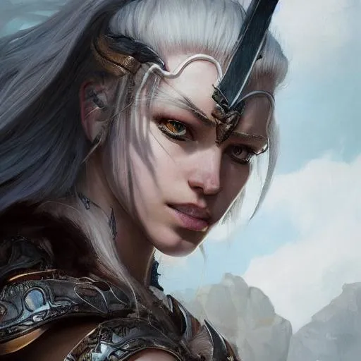 Prompt: Portrait of female dungeons and dragons barbarian {character} with {white streaked hair} and with cute face, {sunlight}, perfect composition, hyperrealistic, super detailed, 8k, high quality, trending art, trending on artstation, sharp focus, studio photo, intricate details, highly detailed, by greg rutkowski
