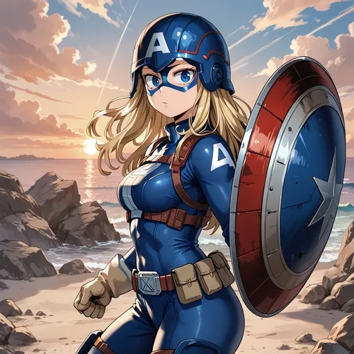 Prompt: Captain America, female, helmet, shield, My Hero Academia style, alone, sunset