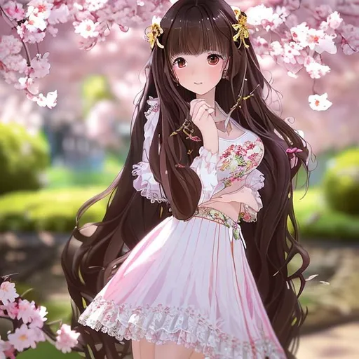 Prompt: an anime photorealistic pretty sixteen-year-old girl in a garden under a cherry blossom tree. the girl has long soft flowy brown hair with wispy bangs and she is wearing a red corset with white lace and a long flowy white skirt. she is standing up with one leg behind her and she is turned at an angle but is still facing the camera. she is happy but not smiling