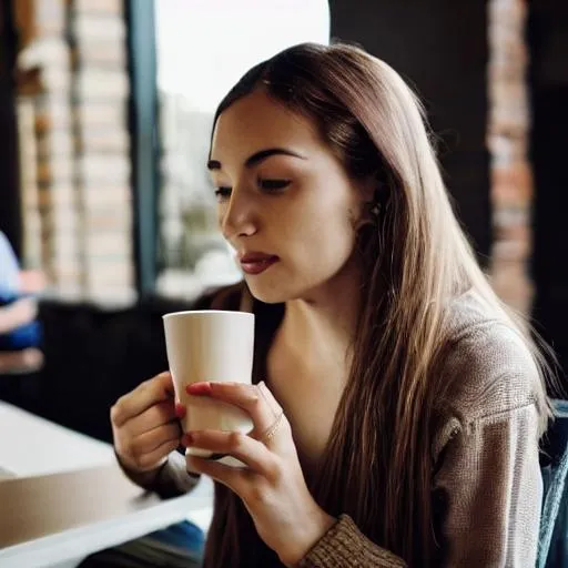 Prompt: a woman with long hair is sitting enjoying coffee