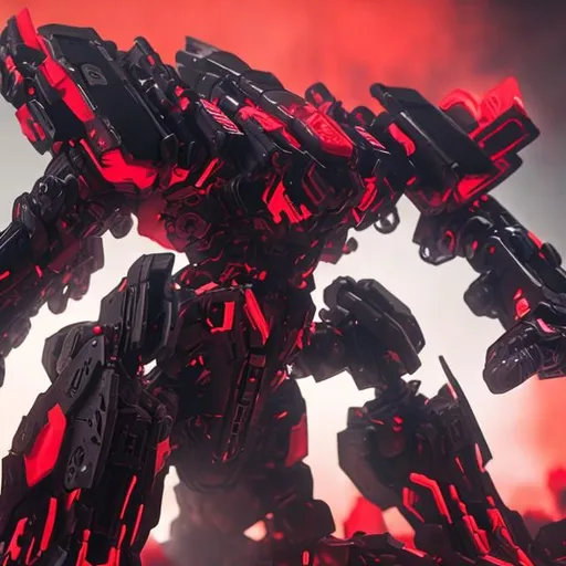 Prompt: A black mech surrounding by a red mist holding a red crystal 