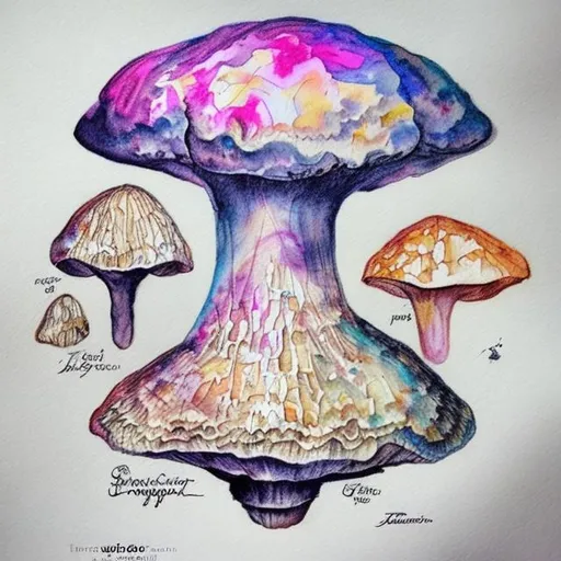 Prompt: watercolor, sketch, parchment, fly algaric mushroom, psychedelic