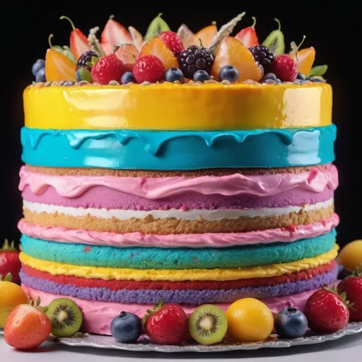 Prompt: Big delicious colorful cake,  surealistic macrophorography, 8k resolution DSLR shot 
