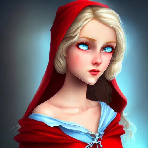 Prompt: red riding hood as a young light blonde girl with light blue eyes wearing a beautiful russian dress, symetric face, ultra realistic