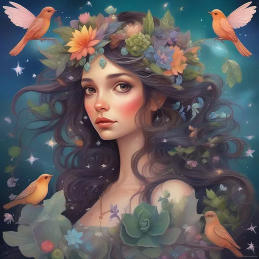 Prompt: A colourful and beautiful head to toe Persephone as a fairy with fairy wings; with stars, succulent and gems in her brunette hair. In a beautiful flowing dress made of plants. Surrounded by birds and clouds, in a painted style