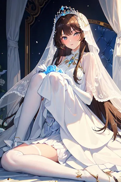 Prompt: (masterpiece), best quality, dull eyes, perfect face, 1girl, fifteen years old girl, long brown hair, long hair, brown eyes, white silk headdress, white veil, full body, white bridal gown with blue roses, white long gloves, white knee-socks, blue mary jane shoes, looking toward the viewer, demure expression, sitting on a throne, legs crossed, white neck covering chocker, latex chocker, yellow jewel on the chocker