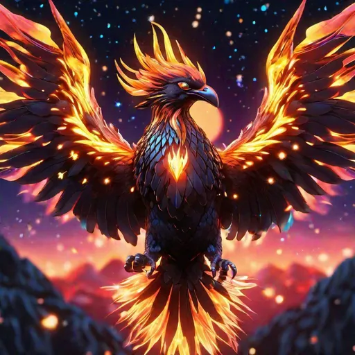 Prompt: Headshot of A crystal-clear glass 
black bioluminescent flaming phoenix that is glowing, nebula fireballs and lava, beneath the stars, sunset, highres, best quality, concept art, 8k