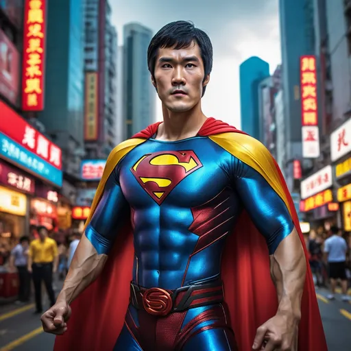 Prompt: one hybrid superhero character, Mix superman and Bruce Lee, in realistic background of Hong kong, vibrant colors, intense facial expression, detailed armor and cape, 4K, detailed facial expression, superhero, vibrant colors, intense gaze, advertisement-worthy, realistic, detailed illustration, professional, vibrant lighting
