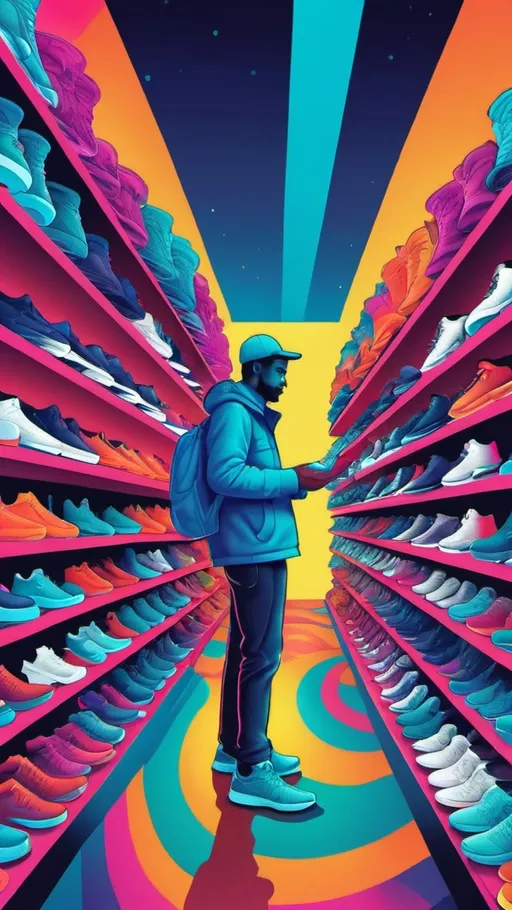 Prompt: psychedelic illustration of a man buying nike shoes
