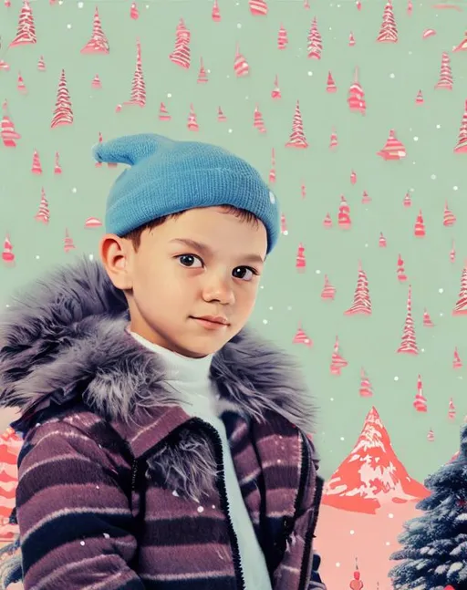 Prompt: background north pole vibe pink background, character boy, color blue 