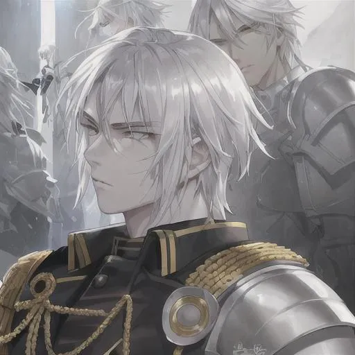 Prompt: young man, perfect face, athletic, white skin, silver hair, golden eyes, holy soldier, (military armor), battle scars, (fully body), (zoom out)