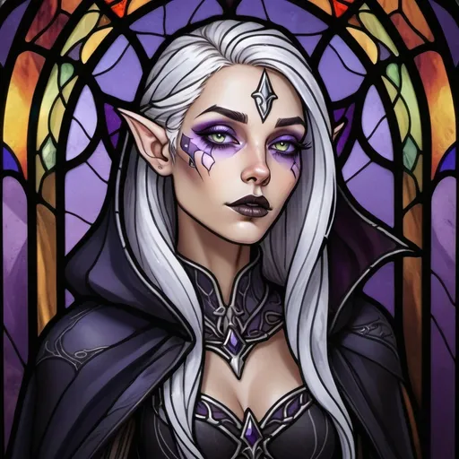 Prompt: a creature who looks like a beautiful, young woman, but has grey skin, long, white hair, purple eyes, black lips, pointed elf ears and tattoos all over her body, wearing a long, black cloak