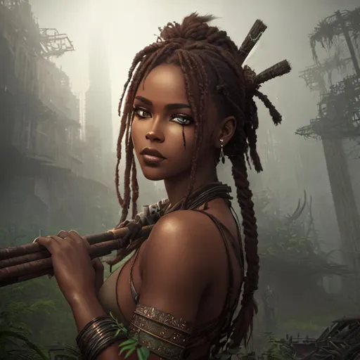 A tribal dark skin female in a dystopian city and ov...