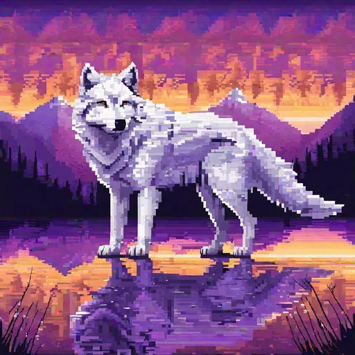 Prompt: (pixel art), 16-bit, beautiful {white wolf}, with {silver eyes}, looking at viewer, glaring through fourth wall, layers of purple mountain silhouettes, magical fantasy crystal lake, twilight, highly detailed, beautifully detailed shading, complementary colors, golden ratio