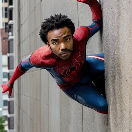 Prompt: a movie still Of Donald Glover as Spider-Man, climbing a wall 