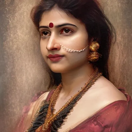 Prompt: a beautiful photographic portrait of a woman with transparent dress, proportionated body, face like model, set like photoshoot, hiperrealistic details and lighting, octane realistic details, ultra detailed textures, 4k, 8k, cinematic quality, painting inspired by raja ravi varma
