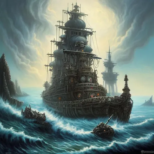 Prompt:  fantasy art style, painting, sea, smog, fog, deep ocean, Norse, Norse mythology, ancient, pirates, pirate ship, flags, H. R. Giger, waves, mist, naval ship, utopia, warship, middle eastern, biological mechanical war machine, war machine, pipes, warship, snakes, serpents, eels, tentacles, octopus, jellyfish, giant ship, squid, glowing, bioluminescence, bioluminescent 